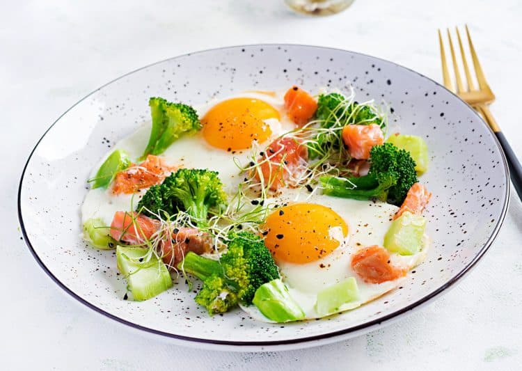 Fried Eggs Salmon Broccoli And Microgreen